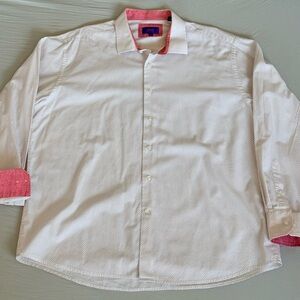 TALLIA White Microdot Dress Shirt with Coral Contrast Trim